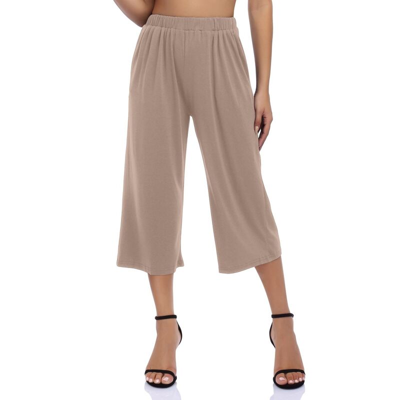 セオリア レディース ボトムス カジュアルパンツ ワイドレッグ クロップド キャップ Seoria Women's Wide Leg Capri Lounge Pant Casual Elastic High Waisted Cropped Palazzo Pant Spring Summer Khaki カーキ|ReVida 店