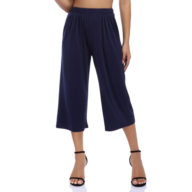 セオリア レディース ボトムス カジュアルパンツ ワイドレッグ クロップド キャップ Seoria Women's Wide Leg Capri Lounge Pant Casual Elastic High Waisted Cropped Palazzo Pant Spring Summer Purplish Blue ブルー|ReVida 店
