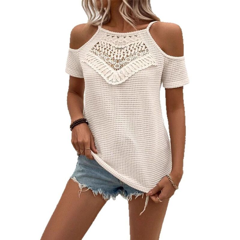 クリアフラワー レディース トップス シャツ ブラウス レース ニット ClearFlower Women's Crochet Lace Cold-Shoulder Knitop, Short Sleeve Hollow-Out Casual Summer Blouse Apricot アプリコット｜ReVida 店