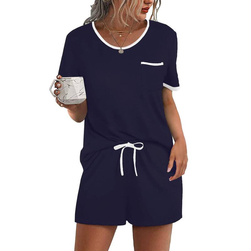 エコアー レディース アンダーウェア ナイトウェア ショートパンツ Ekouaer Pajama Set for Women 2 Piece Lounge Set Short Sleeve Tops and Shortsoft Sleepwear Navy Blue ネイビー｜ReVida 店