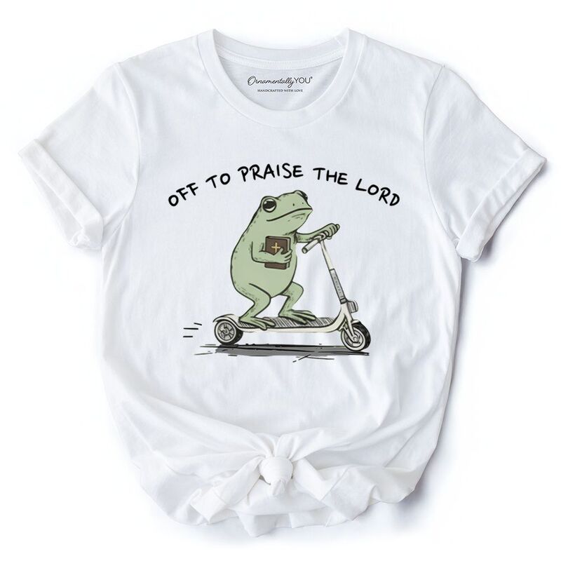 オーナメンタリー ユー レディース トップス Tシャツ OrnamentallyYou Off to Praise the Lord Funny Frog T-Shirt, Christian Faithumor Jesus Tee White ホワイト｜ReVida 店 7,441円
