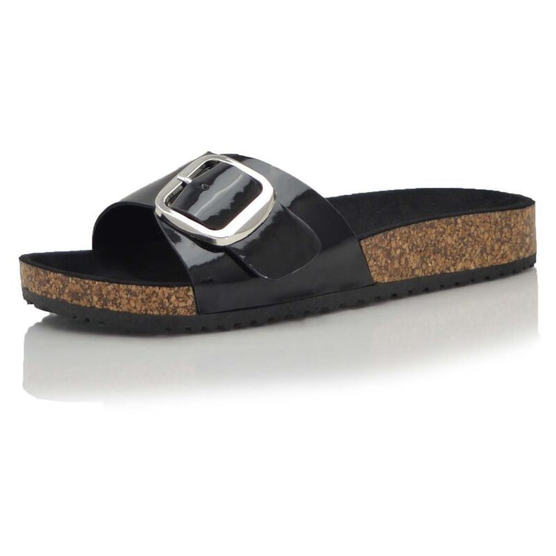 F.C デザイン レディース シューズ サンダル F.C Design BURKS Buckle Strap Cork Footbed Slide Sandals Black Patent ブラック｜ReVida 店