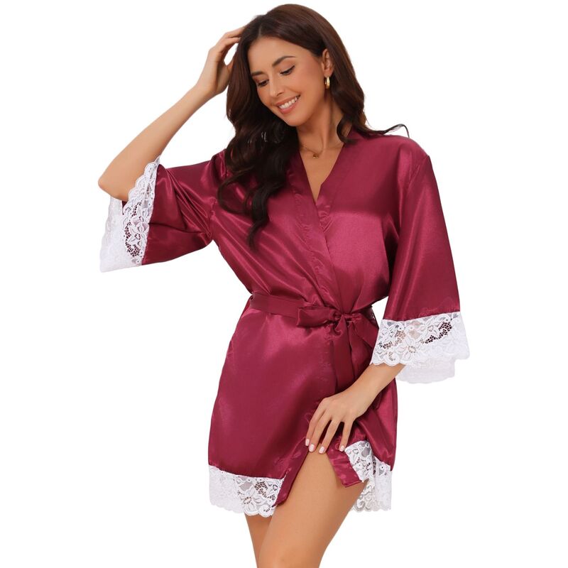 インスパイア シック レディース アンダーウェア ナイトウェア レーストリム サテン シルク レース INSPIRE CHIC Women'satin Robe Silky Lace Trim Bridal Party Tie Waist Wedding Bridesmaid Bathrobe Red レッド｜ReVida 店