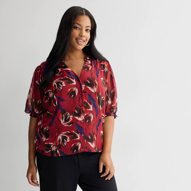ナインウェスト レディース トップス シャツ プラスサイズ フリル ダウン Plusize Nine West Ruffle Button-Down Shirt Wine Raya Blooms ワイン｜ReVida 店