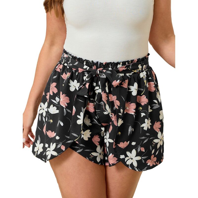 セオリア レディース ボトムス ハーフパンツ・ショーツ プラスサイズ ショートパンツ Seoria Women's Plusize Drawstring Elastic Waist Shorts Oversized High Waisted Shorts with Irregular Hem Black Print ブラック｜ReVida 店