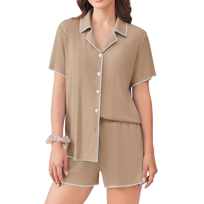 エコアー レディース アンダーウェア ナイトウェア ボタンダウン リブ ショートパンツ ダウン Ekouaer Button Down Ribbed Lounge Set Short Sleeve Shorts Womens Two Piece Pajama Sets Khaki カーキ|ReVida 店
