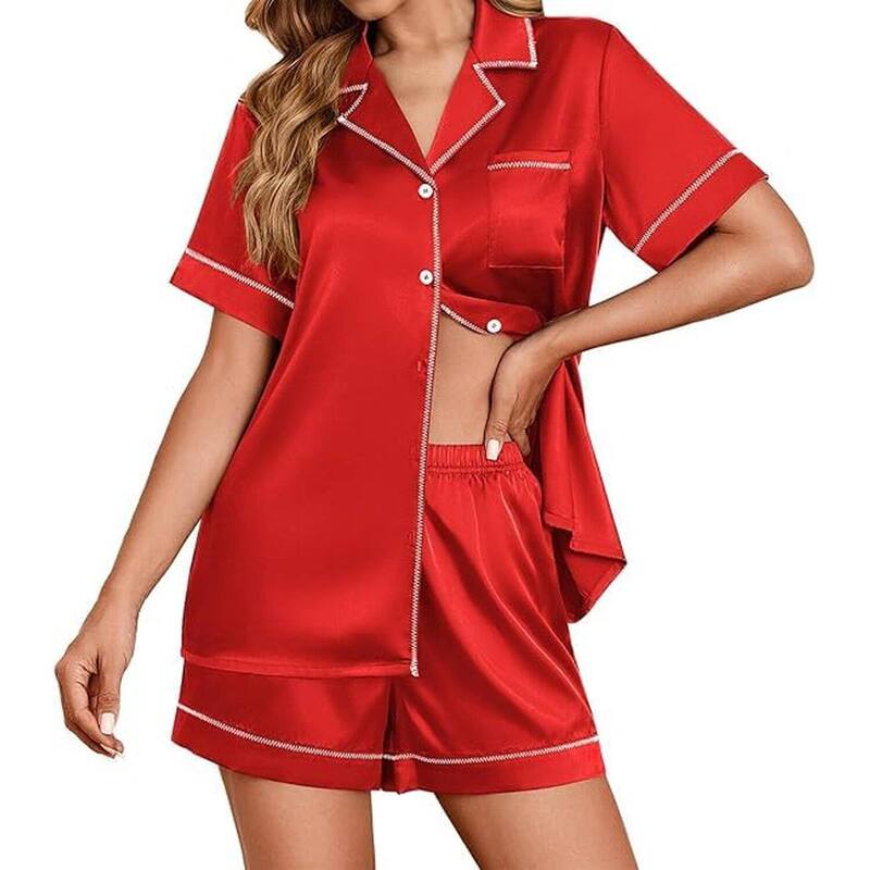 エコアー レディース アンダーウェア ナイトウェア ボタンダウン ショートパンツ サテン シルク ダウン Ekouaer Womensatin Silk Pajamaset Short Sleeve Sleepwear Button Down Top and Shorts Loungewea red レッド｜ReVida 店