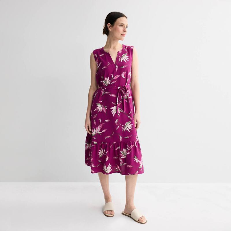 クロフト＆バロー レディース トップス ワンピース Women's Croft & Barrow Y-Neck Tie Waist Dress Berry Tropic Leaves｜ReVida 店