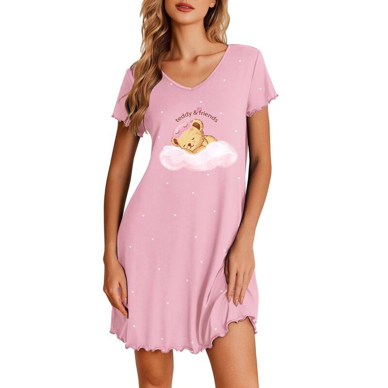 エコアー レディース アンダーウェア ナイトウェア Vネック フリル シャツ Ekouaer Nightgowns for Women Short Sleeve Sleepshirt V Neck Short Nightshirt Pullover Soft Ruffled Blush ブラッシュ｜ReVida 店