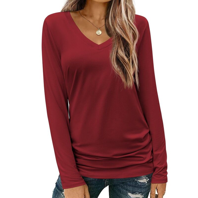 ジーグー レディース トップス Tシャツ Vネック Zeagoo Long Sleeve Shirt for Woman V-Neck T Shirt Solid Casual Basic Tops Fall Teesummer Clothing Burgundy バーガンディ｜ReVida 店