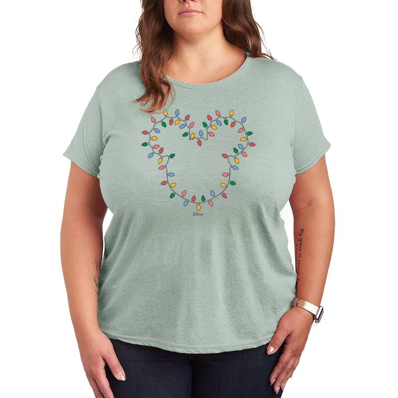 ディズニー レディース トップス Tシャツ プラスサイズ グラフィック Plusize Disney's Mickey Mouse Christmas Lights Graphic Tee Heather Sea Foam ヘザー｜ReVida 店