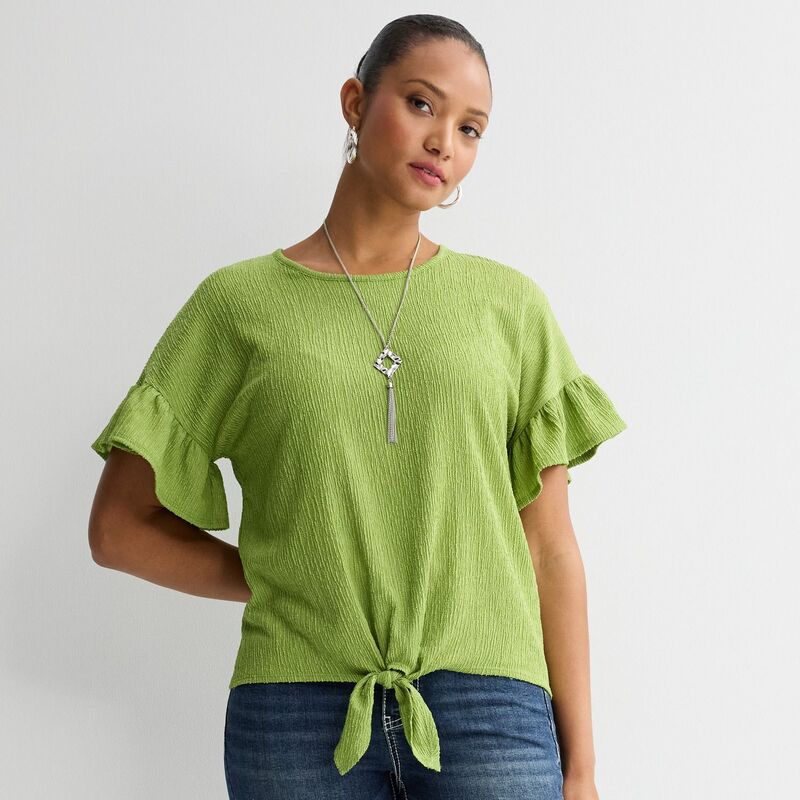 アプトナイン レディース トップス Tシャツ フリル レース Women's Apt. 9 Ruffle Sleeve Tie Front Necklace Top Fieldbrook Green グリーン｜ReVida 店