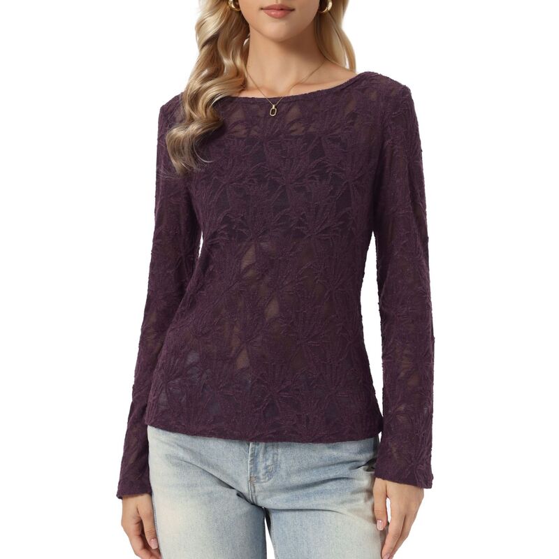 インスパイア シック レディース トップス シャツ シアー ブラウス ニット INSPIRE CHIC Jacquard Blouse for Women's Boat Neck Long Sleeve Fall Sheer Knito purple パープル｜ReVida 店