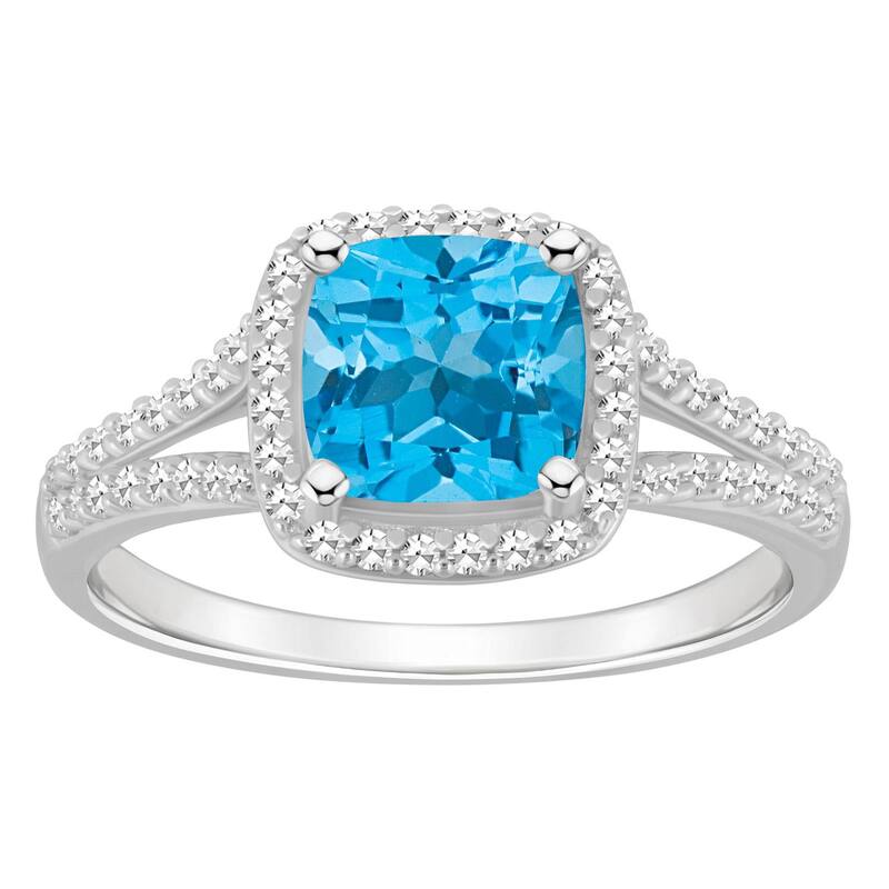 Celebration Gems レディース アクセサリー リング Celebration Gemsterling Silver 7 mm Cushion Gemstone & 1/4 Carat.W. Diamond Split Shank Ring Blue Topaz ブルー
