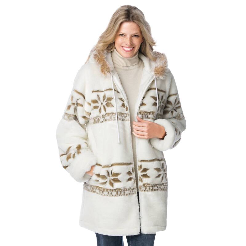 ウーマン ウィズイン レディース アウター ジャケット・ブルゾン フーデッドジャケット プラスサイズ プリント Woman Within Women's Plusize Faux Fur Snowflake Print Hooded Jacket Ivory Snowflake Fair アイボリー