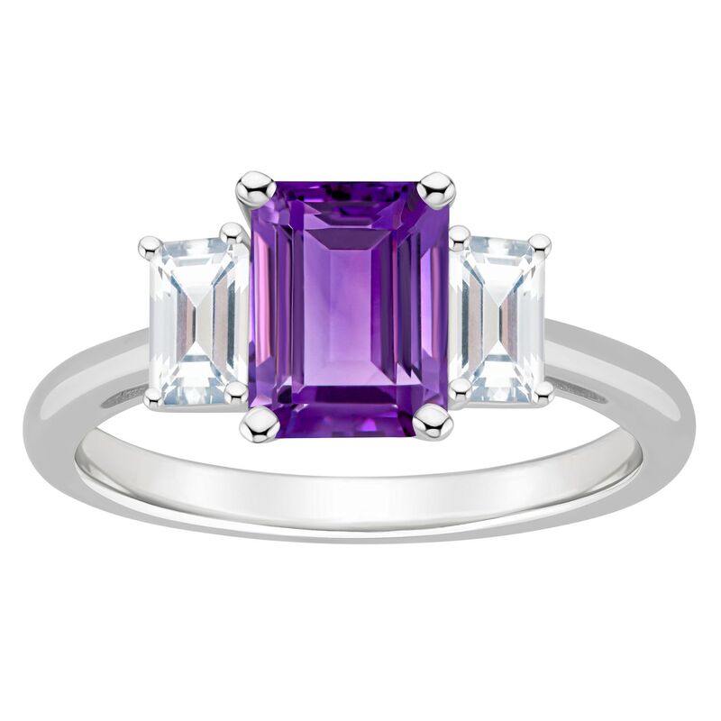 Alyson Layne レディース アクセサリー リング Alyson Layne Sterling Silver 8 mm x 6 mm Emerald Cut Gemstone & White Topaz Three-Stone Ring Amethyst ホワイト
