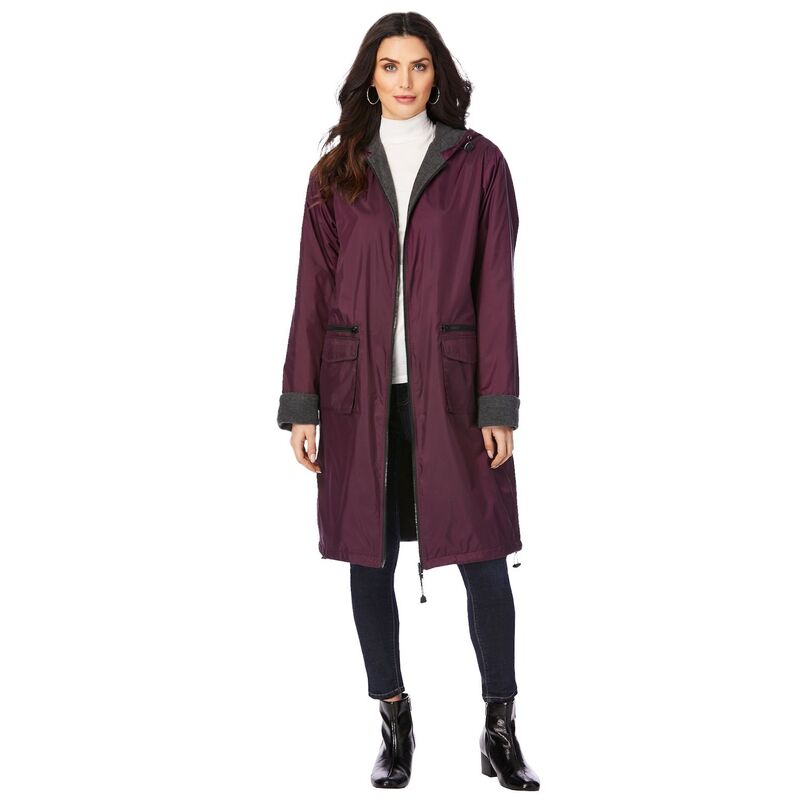 ロアマンズ レディース アウター ジャケット・ブルゾン フーデッドジャケット プラスサイズ フリース Roaman's Women's Plusize Long Hooded Jacket With Fleece Lining Dark Berry｜ReVida 店