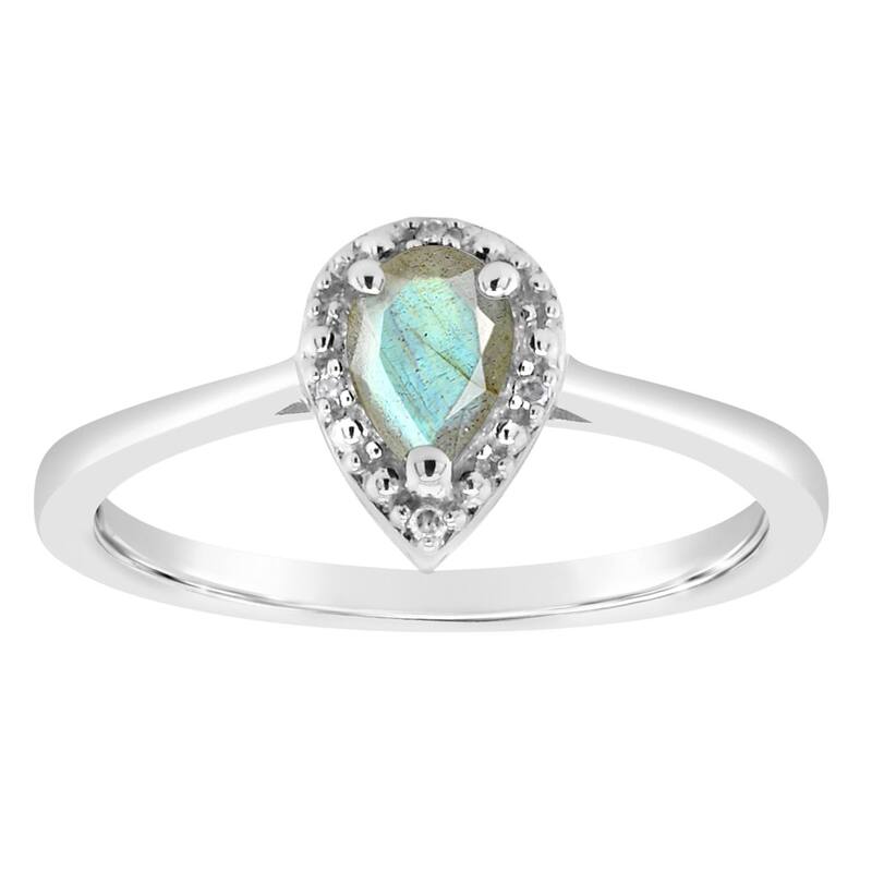 Celebration Gems レディース アクセサリー リング Celebration Gemsterling Silver 6 mm x 4 mm Pear Shaped Labradorite & Diamond Accent Halo Ring Sterling シルバー