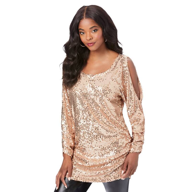 ロアマンズ レディース トップス Tシャツ プラスサイズ スパンコール Roaman's Women's Plusize Cold-shoulder Sequin Tunic Sparkling Champagne シャンパン