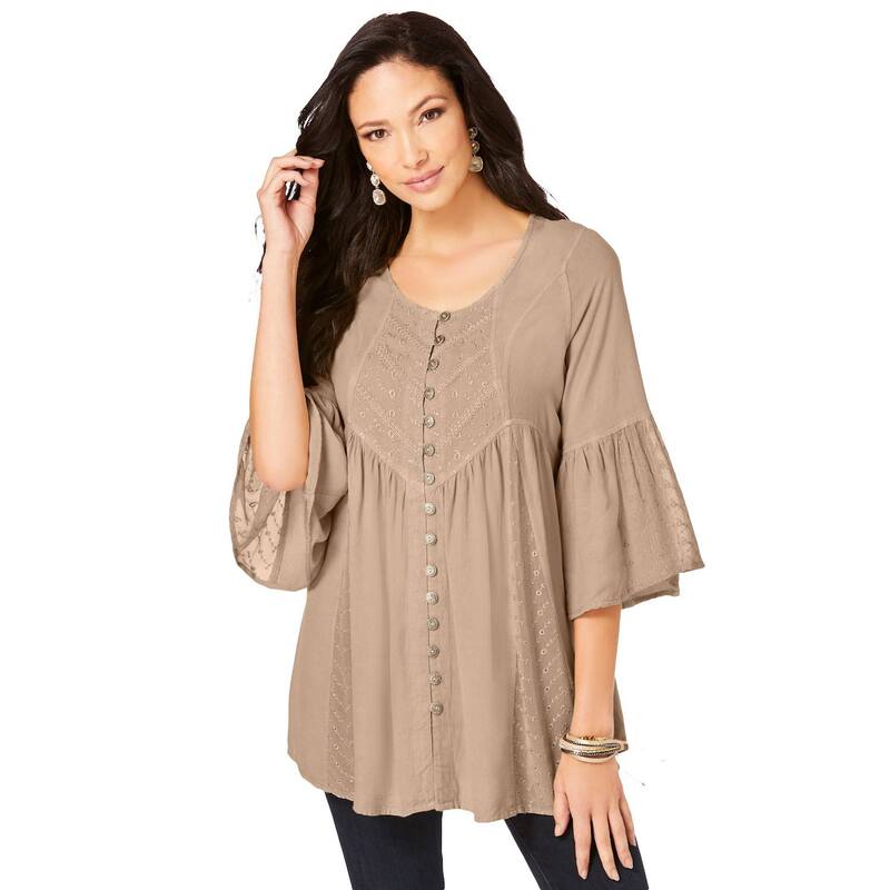 ロアマンズ レディース トップス シャツ プラスサイズ Roaman's Women's Plusize Taylor Acid Wash Big Shirt New Khaki カーキ