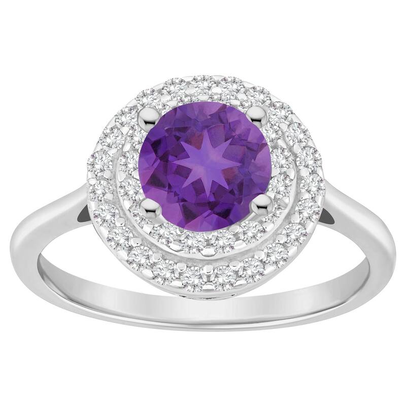 Celebration Gems レディース アクセサリー リング Celebration Gemsterling Silveround-Cut Amethyst & White Topaz Double Halo Ring Sterling Silver シルバー