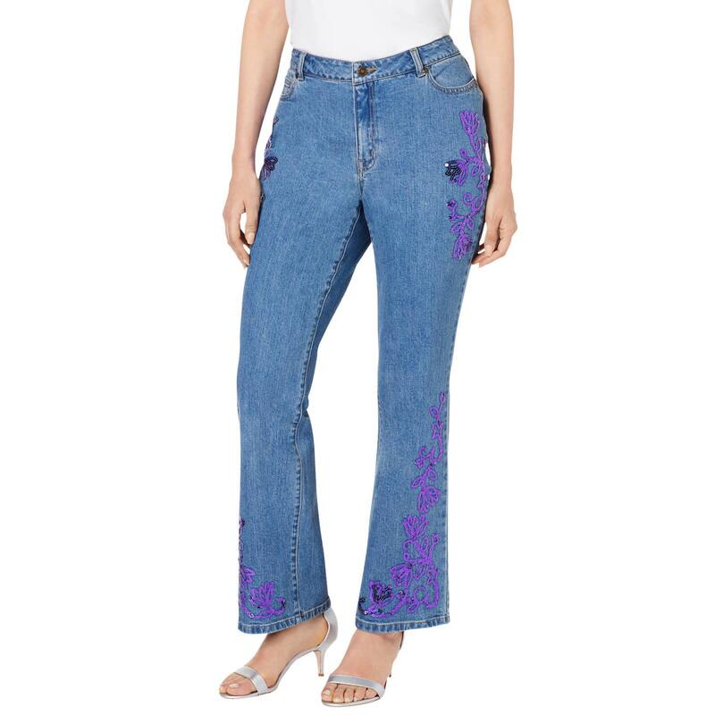 ロアマンズ レディース ボトムス デニムパンツ ブーツカット プラスサイズ スパンコール ブーツ Roaman's Women's Plusize Invisible Stretch Iconic Sequin-embellished Bootcut Jean Violet Sequin Lotus バイオレット｜ReVida 店