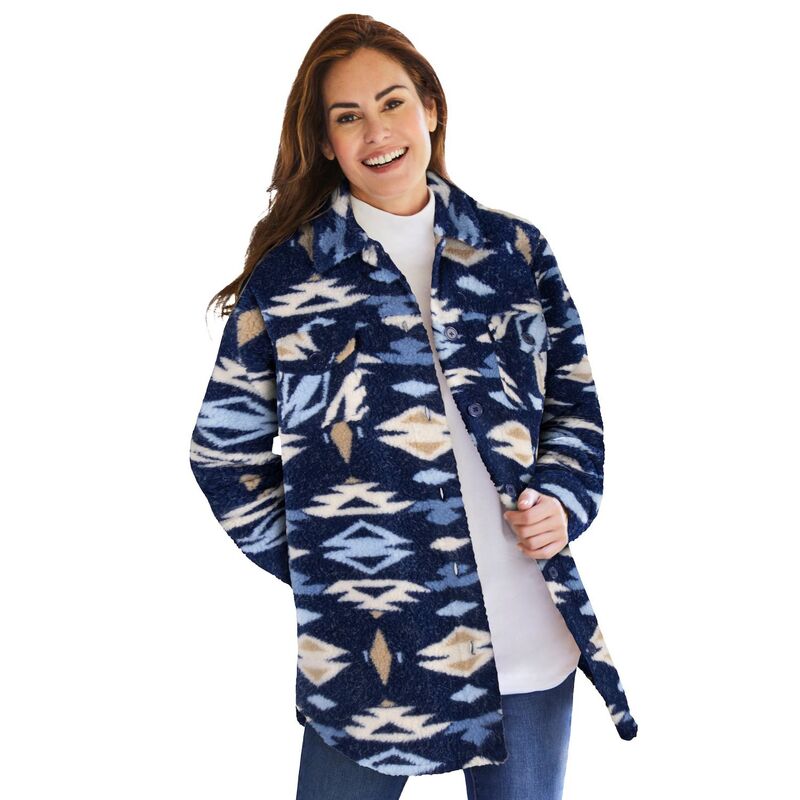 成人女性 ウィズはたご屋 レディース アウター 上衣・上衣 つけ加える大きさ Woman Within Women\u0027s Plusize Berber Button-front Jacket Evening Blue Aztec 青み