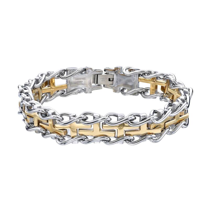 リンクス メンズ アクセサリー ブレスレット・バングル・アンクレット Tシャツ Men LYNX Two Tone Stainlessteel Cross Railroad Braceletwo Tone