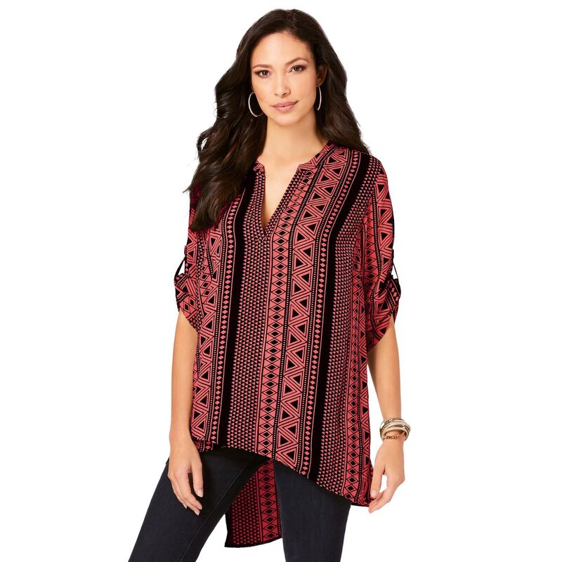 ロアマンズ レディース トップス ティーシャツ 付け加える大いさ Roaman\u0027s Women\u0027s Plusize Geometric Tunic Sunset Coral Geo コーラル レディースファッション-Tシャツ・カットソー-トップス