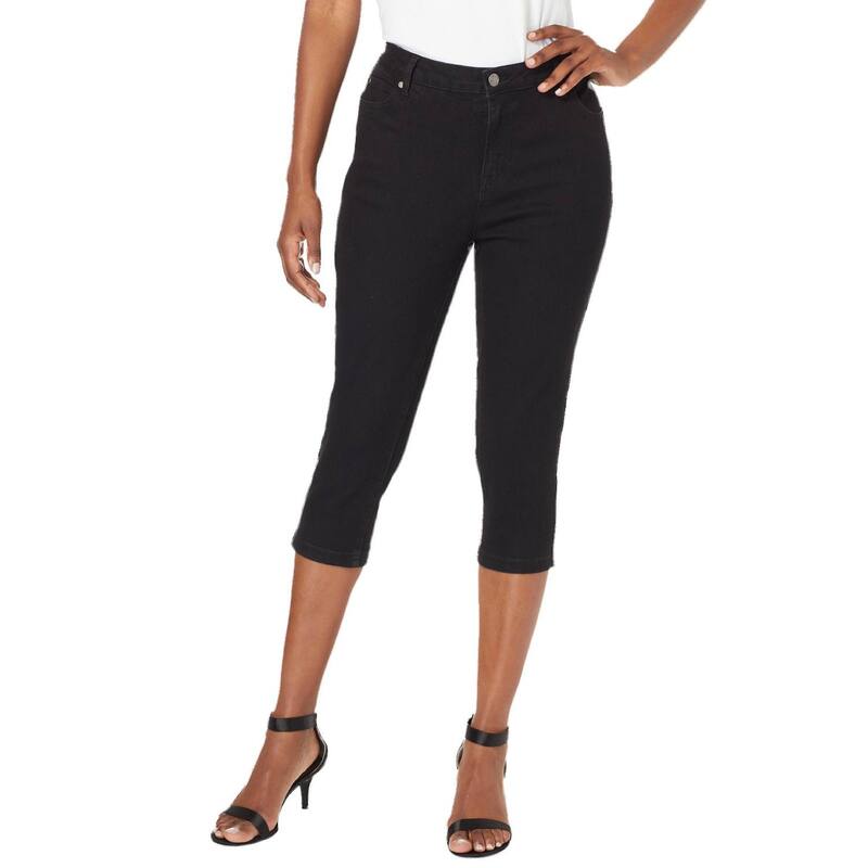 ロアマンズ レディース ボトムス カジュアルパンツ プラスサイズ プチ キャップ Roaman's Women's Plusize Petite Invisible Stretch Iconicapri Jean Black Denim ブラック