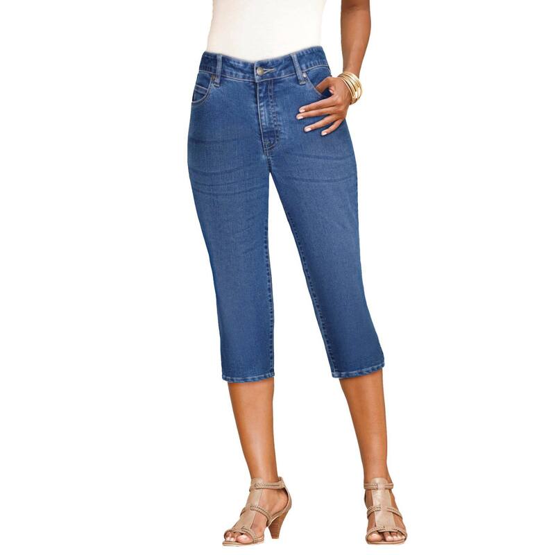 ロアマンズ レディース ボトムス カジュアルパンツ プラスサイズ プチ キャップ Roaman's Women's Plusize Petite Invisible Stretch Iconicapri Jean Medium Wash