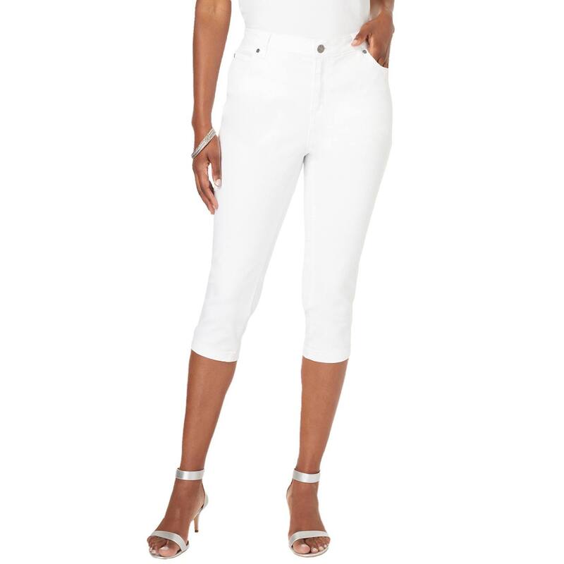 ロアマンズ レディース ボトムス カジュアルパンツ プラスサイズ プチ キャップ Roaman's Women's Plusize Petite Invisible Stretch Iconicapri Jean White Denim ホワイト