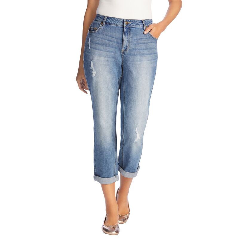 ウーマン ウィズイン レディース ボトムス デニムパンツ プラスサイズ プチ Woman Within Women's Plusize Petite Girlfriend Stretch Jean Distressed|ReVida 店