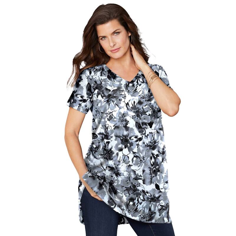 ロアマンズ レディース トップス Tシャツ Vネック プラスサイズ 半袖 Roaman's Women's Plusize Short-sleeve V-neck Ultimate Tunic White Dreamy Floral ホワイト｜ReVida 店