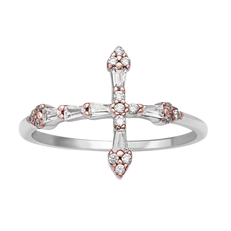 プリムローズ レディース アクセサリー リング PRIMROSE Two Tone Sterling Silver Cubic Zirconia Baguette Sideways Cross Ring Two Tone Rose Clear シルバー