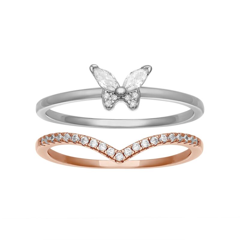 プリムローズ レディース アクセサリー リング PRIMROSE Two Tone Sterling Silver Cubic Zirconia Butterfly & V-Shape Duo Ring Setwo Tone Rose Clear シルバー