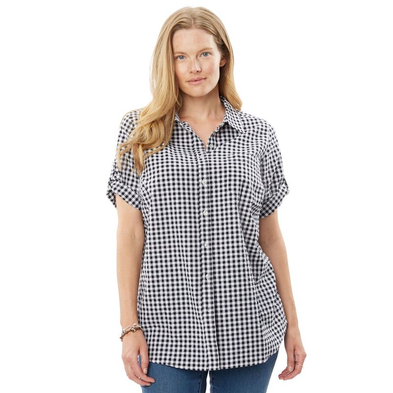 ウーマン ウィズイン レディース トップス シャツ ボタンダウン プラスサイズ 半袖 ダウン Woman Within Women's Plusize Short-sleeve Button Down Seersucker Shirt Black Gingham ブラック｜ReVida 店