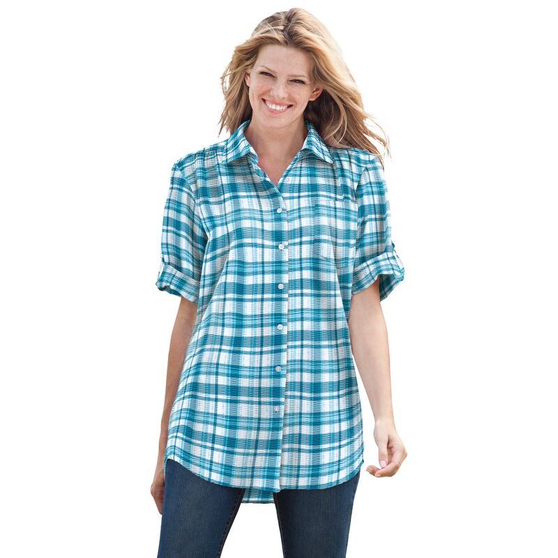 ウーマン ウィズイン レディース トップス シャツ ボタンダウン プラスサイズ 半袖 ダウン Woman Within Women's Plusize Short-sleeve Button Down Seersucker Shirt Deep Teal Camplaid ティール｜ReVida 店