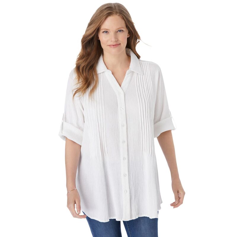 ウーマン ウィズイン レディース トップス シャツ ボタンダウン Woman Within Pintucked Button Down Gauze Shirt White ホワイト