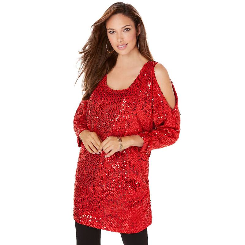 ロアマンズ レディース トップス Tシャツ プラスサイズ スパンコール Roaman's Women's Plusize Cold-shoulder Sequin Tunic Vivid Red レッド