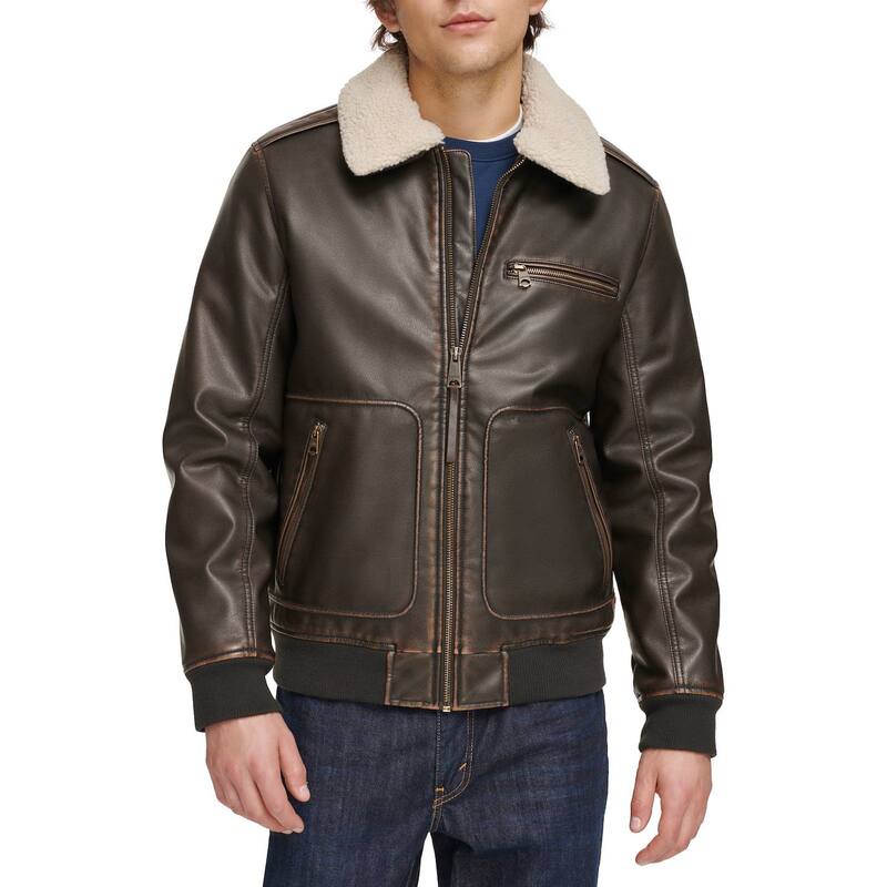 リーバイス メンズ アウター ジャケット・ブルゾン レザー フェイクレザー Men's Levi'sR Faux Leather Sherpa Collar Aviator Bomber Jacket Dark Brown ブラウン