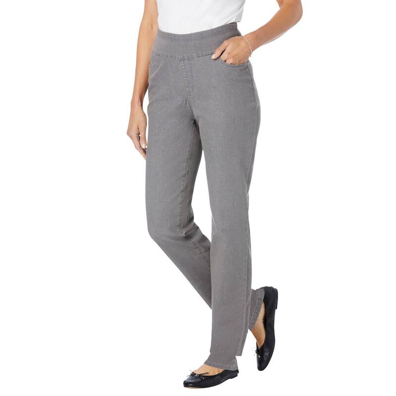 ウーマン ウィズイン レディース ボトムス デニムパンツ プラスサイズ プチ Woman Within Women's Plusize Petite Flex-fit Pull-on Straight-leg Jean Grey Denim グレー｜ReVida 店