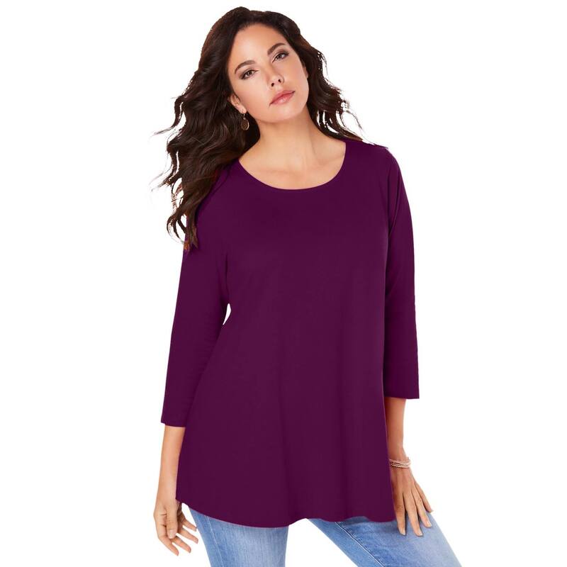 ロアマンズ レディース トップス Tシャツ プラスサイズ Roaman's Women's Plusize Three-quarter Sleeve Swing Ultimatee Dark Berry｜ReVida 店