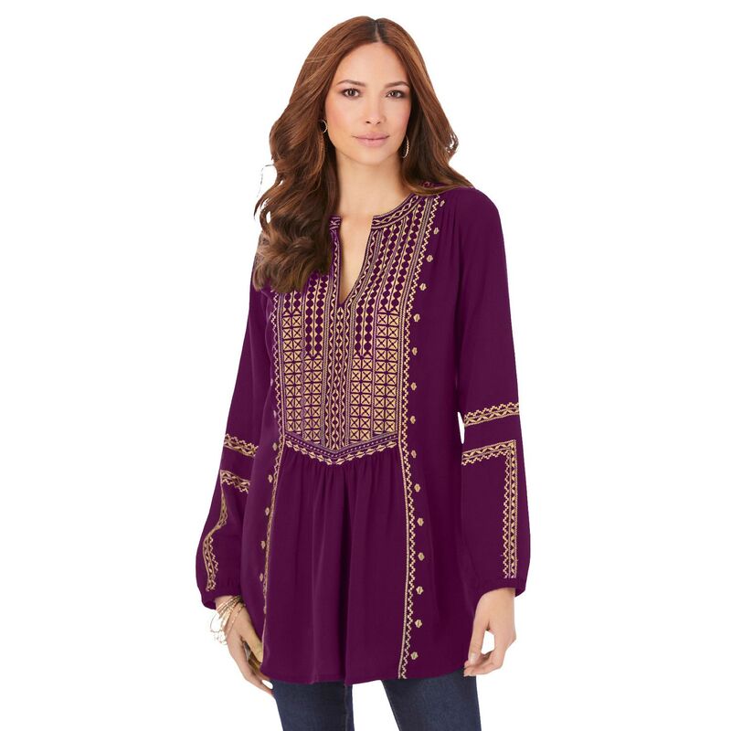 ロアマンズ レディース トップス Tシャツ プラスサイズ 刺繍 Roaman's Women's Plusizembroidered Boho Tunic Dark Berry