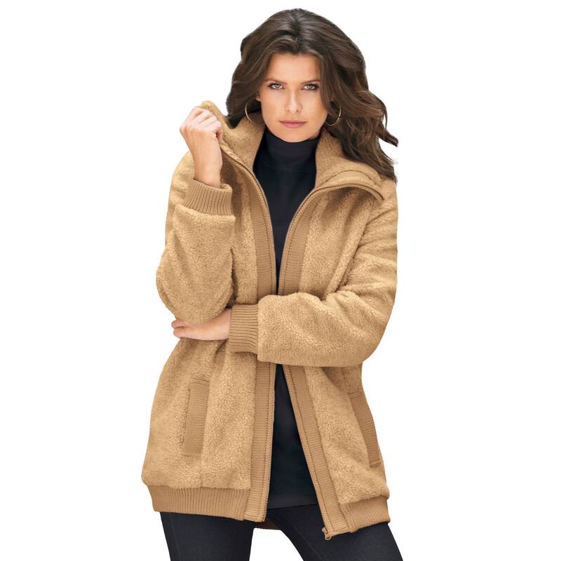 ロアマンズ レディース アウター ジャケット・ブルゾン プラスサイズ コート フリース Roaman's Women's Plusize Textured Fleece Bomber Coat Soft Camel キャメル