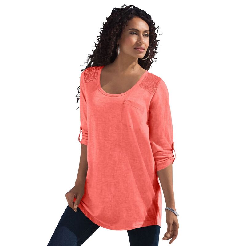 ロアマンズ レディース トップス Tシャツ プラスサイズ レース Roaman Women Plusize Textured Lace-trimmed Tunic Sunset Coral コーラル