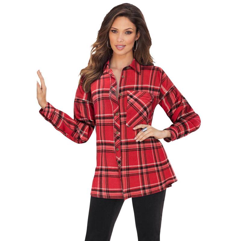 ロアマンズ レディース トップス Tシャツ プラスサイズ Roaman's Women's Plusize Flannel Tunic Vivid Red Plaid レッド｜ReVida 店
