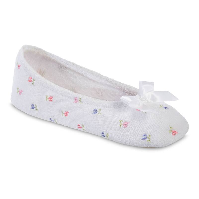 アイソトナー レディース シューズ サンダル パイル 刺繍 isotoner Embroidered Terry Women's Ballerina Slippers White ホワイト