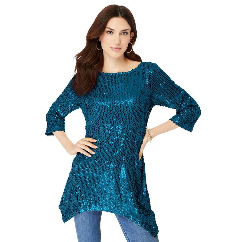 ロアマンズ レディース トップス Tシャツ プラスサイズ スパンコール Roaman's Women's Plusize Handkerchief-hem Sequin Tunic Peacock Teal ティール|ReVida 店