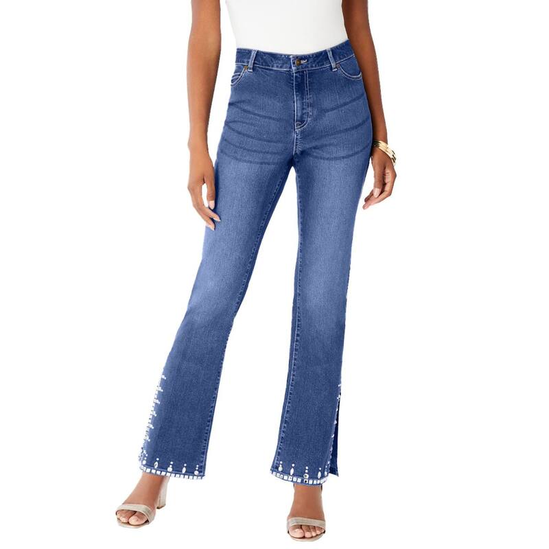 ロアマンズ レディース ボトムス デニムパンツ プラスサイズ Roaman's Women's Plusize Invisible Stretch Contourhinestone-detail Split Flare-leg Jean Medium Wash｜ReVida 店